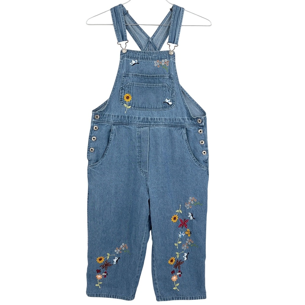 Vintage 90s Agapo Womens Denim Bib Overalls Floral Butterfly Bee Embroidered S